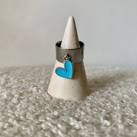 Bague épaisse argentée - Coeur bleu